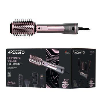 Фен-щітка Ardesto Brush Pink Touch, 1200Вт, 2 швидкості, 2 темп. режими, LED-дисплей, функція іонізації , 4 насадки, сірий+ рожевий HD-CR300PT фото